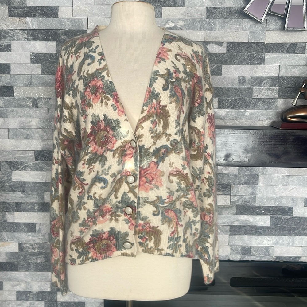 De Rotchild Angora Silk Blend Women's Floral Cardigan Sweater Sz M Vintage